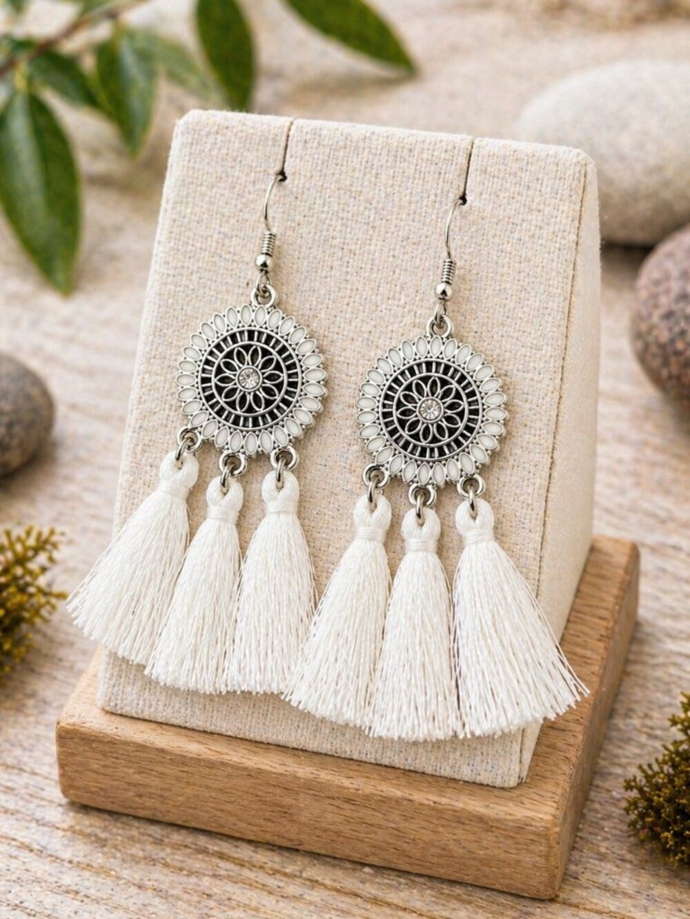 Boho Flower Tassel Drop Earrings Cream Silver